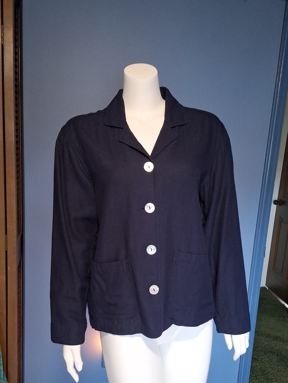 Sigrid Olsen Navy Blue Button-Front Blazer